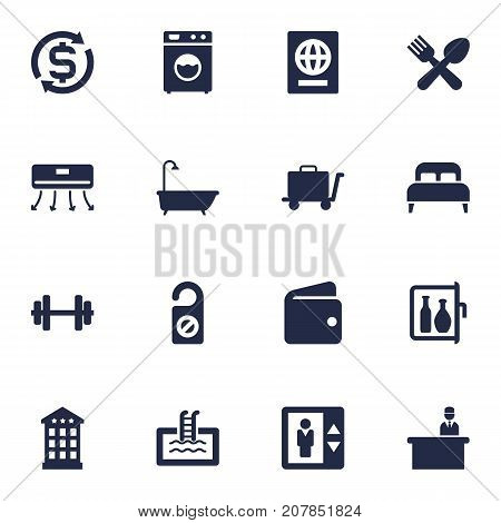 Collection Of Currency, Citizenship, Chiller And Other Elements.  Set Of 16 Hotel Icons Set.