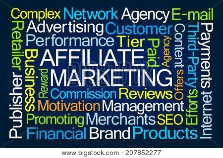 Affiliate Marketing Word Cloud on Blue Background
