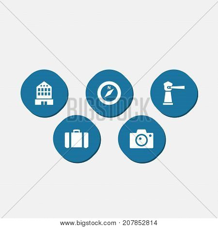Collection Of Suitcase, Building, Seamark And Other Elements.  Set Of 5 Relax Icons Set.