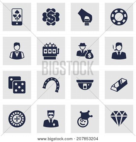 Collection Of Brilliant, Dollar, Gentleman And Other Elements.  Set Of 16 Gambling Icons Set.