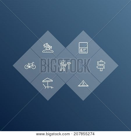 Collection Of Foreigner, Parasol, Palm And Other Elements.  Set Of 7 Relax Outline Icons Set.
