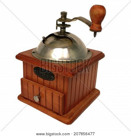 old hand-held wooden coffee-grinder with iron handle on white background, isolate