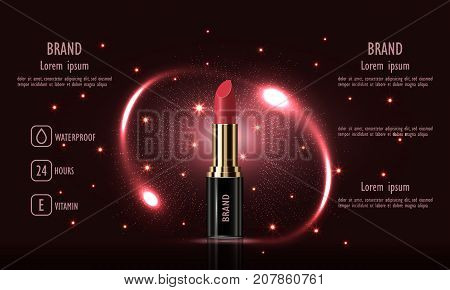 Cosmetics luxury female lipstick cream for makeup on black background template for a poster banner logo leaflet realistic mockup vector illustration.