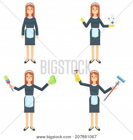 Maid flat vector character. Girl, woman in uniform with cleaning supplies. Cleaning service of hotels and houses. Cartoon illustration. Objects isolated on a white background.