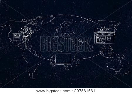 Cyle From The Order To The Shop To The Truck To Parcel Delivered Over World Map