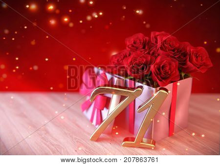 birthday concept with red roses in gift on wooden desk. 3D render - seventy-first birthday. 71st
