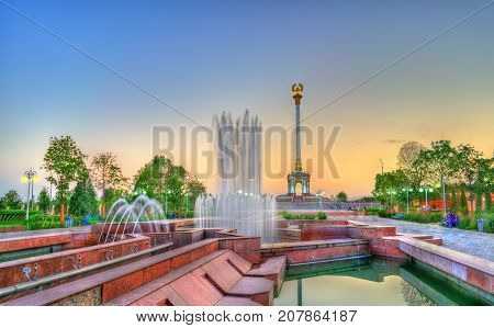 Fountain and Independence Monument in Dushanbe, the Capital of Tajikistan. Central Asia