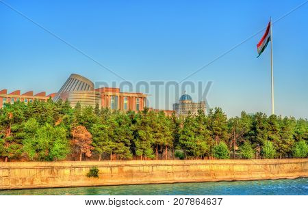 View of Dushanbe with the Varzob River and the Flagpole. The capital of Tajikistan, Central Asia