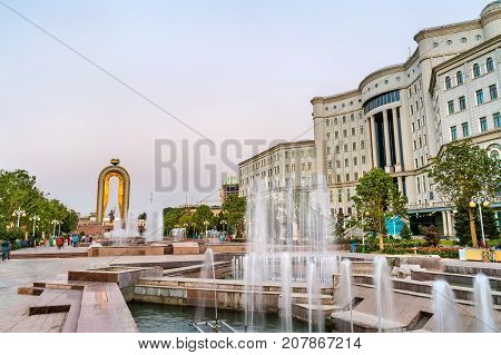 Fountain and the National Library in Dushanbe, the Capital of Tajikistan. Central Asia