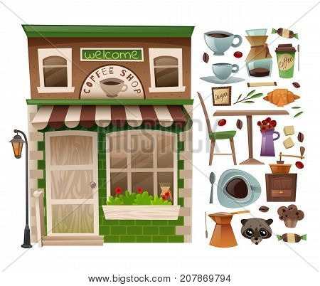 Coffee shop facade with showcases with the addition of isolated individual elements on a white background