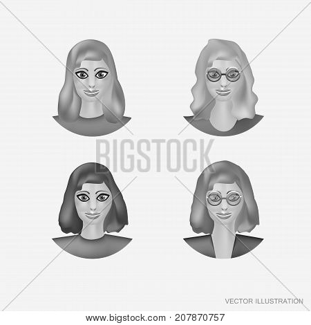 Illustration with avatars beautiful woman. Cartoon image of a set of women. Emotion face avatar. Illustration in white and black colors. Vector illustration.