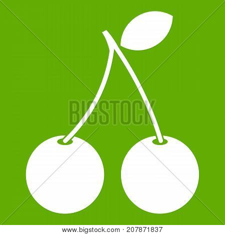 Two ripe cherry berries icon white isolated on green background. Vector illustration