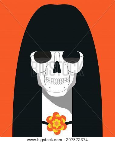 Day of the Dead poster concept. Sugar skull with flower icon. Flat colorful style. Catrina head. Design idea for traditional Mexican holiday 'Dia de los Muertos' in Spanish. Fest party background