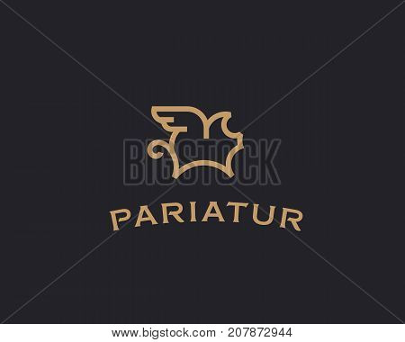 Flying pig line vector logotype. Creative pork grill steak wing logo design.