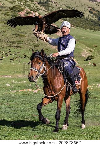Eagle Hunter Holds His Eagles On Horseback, Ready To Take Flight