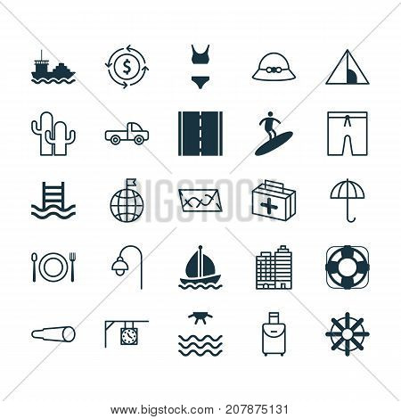 Travel Icons Set. Collection Of Travel Direction, Cargo Boat, Steering Wheel And Other Elements