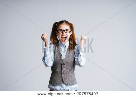 funny laughing girl with tails bobbing, isolated