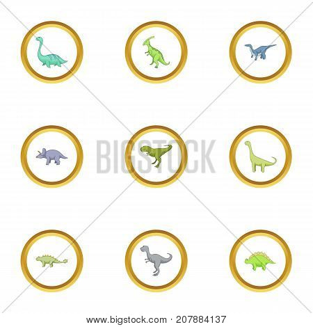 Types of dinosaur icons set. Cartoon style set of 9 types of dinosaur vector icons for web design