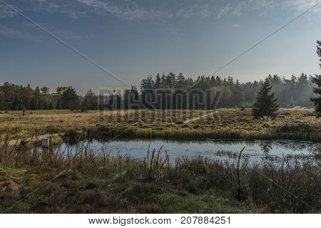 Blue morning near Kladska pond in autumn time with fog