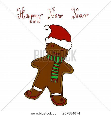 Christmas New Year greeting hand drawing card design gingerbread cookie sketch vector illustration on whit background. Christmas New Year greeting card banner with gingerman cookie.