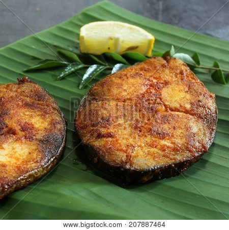 King Fish fry on banana leaf selective focus