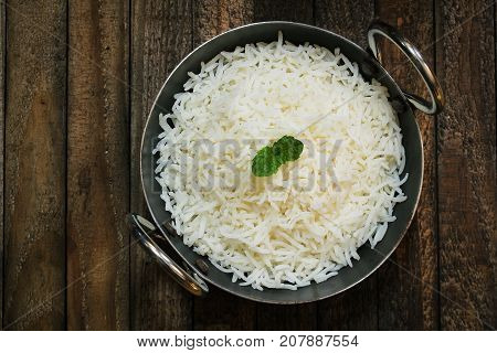 Indian Cooked Basmati Rice Served in a Kadai