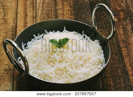 Indian Cooked Basmati Rice Served in a Kadai