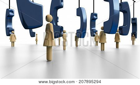 Telephone survey on male and female respondents with everyone in focus, telephones hanging - 3d illustration in transparent PNG