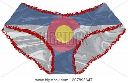 A pair of red ladies undies with lace edge and a Colorado flag