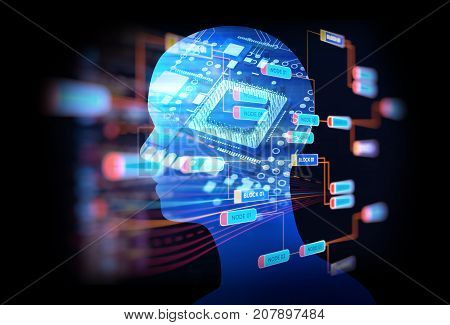 Double Exposure Image Of Low Polygon Human Head 3D Illustration