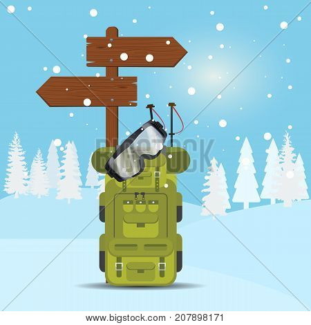 Winter background with skier backpack, goggles and wooden arrows. Illustrated vector.