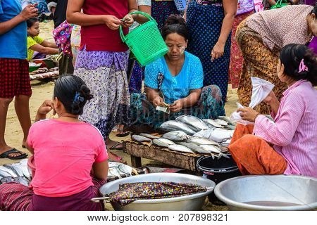 Dawei Myanmar - July 12 2015: Fresh market where sellers and buyers meet to sell and buy fresh and raw food in Dawei Myanmar