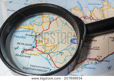 Vinnitsa Ukraine - August 25 2017: Reykjavik map through the magnifying glass