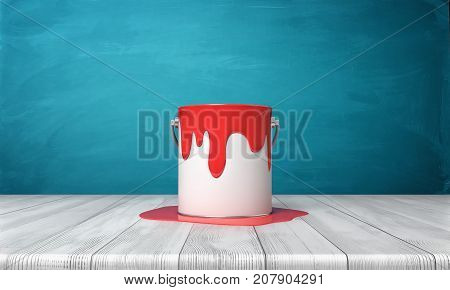 3d rendering of a metal bucket with red paint overflowing on its sides and on a wooden desk around it. Building supplies. Renovation works. Arts and painting.