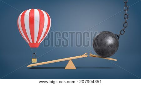 3d rendering of a striped air balloon hovers at a wooden seesaw overweighing a wrecking ball that breaks the plank. Traveling plans. Unexpected problems. Recreation and work.