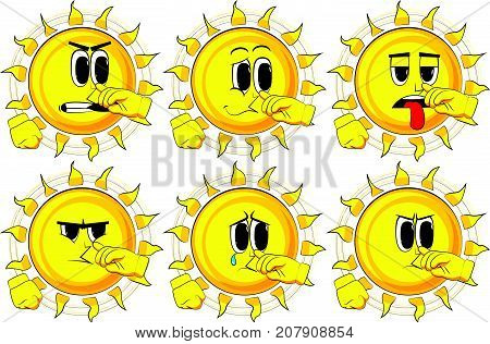 Cartoon sun with symphaty. Collection with sad faces. Expressions vector set.