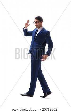 Businessman walking standing side view isolated on white backgro