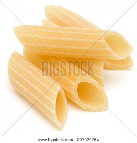 Italian pasta isolated on white background. Pennoni. Penne rigate.