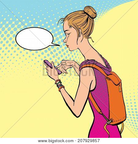 Illustration of a girl Holding a Mobile Phone. A girl texting SMS. A girl sending SMS.