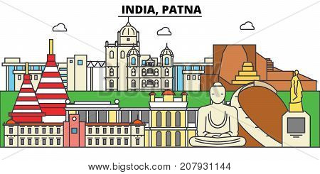 India, Patna, Hinduism. City skyline, architecture, buildings, streets, silhouette, landscape, panorama, landmarks. Editable strokes. Flat design line vector illustration concept. Isolated icons