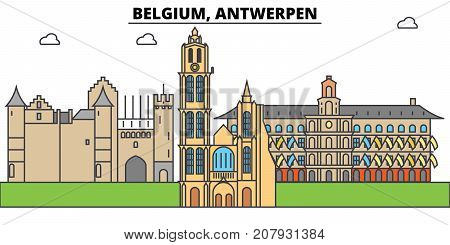 Belgium, Antwerpen. City skyline, architecture, buildings, streets, silhouette, landscape, panorama, landmarks. Editable strokes. Flat design line vector illustration concept. Isolated icons