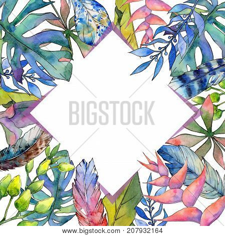 Tropical Hawaii leaves frame in a watercolor style. Aquarelle wild flower for background, texture, wrapper pattern, frame or border.