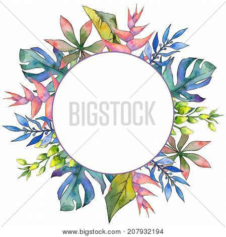 Tropical Hawaii leaves frame in a watercolor style. Aquarelle wild flower for background, texture, wrapper pattern, frame or border.