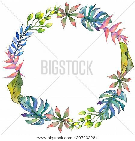 Tropical Hawaii leaves wreath in a watercolor style. Aquarelle wild flower for background, texture, wrapper pattern, frame or border.