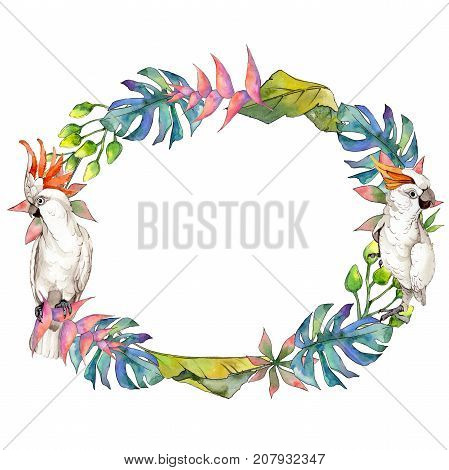Tropical Hawaii leaves wreath in a watercolor style. Aquarelle wild flower for background, texture, wrapper pattern, frame or border.