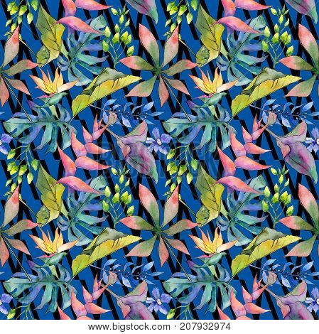 Tropical Hawaii leaves pattern in a watercolor style. Aquarelle wild flower for background, texture, wrapper pattern, frame or border.