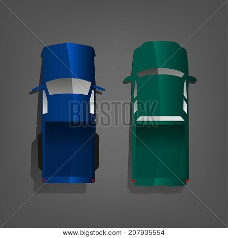 Blue and green pick-up trucks isolated on a dark grey background. Waggon top view. Vector illustration in a flat style.