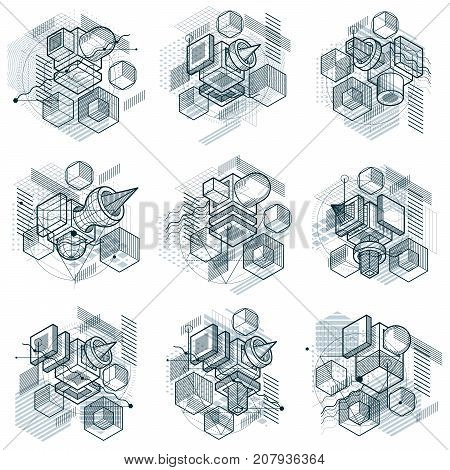 Isometric abstractions with lines and different elements vector abstract backgrounds. Compositions of cubes hexagons squares rectangles and different abstract elements. Vector set.