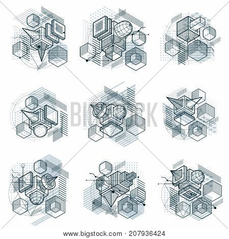 Abstract backgrounds with isometric lines vector illustrations. Templates made with cubes hexagons squares rectangles and different abstract elements. Vector set.