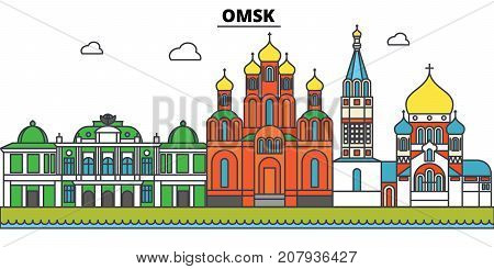 Russia, Omsk. City skyline, architecture, buildings, streets, silhouette, landscape, panorama, landmarks. Editable strokes. Flat design line vector illustration concept. Isolated icons